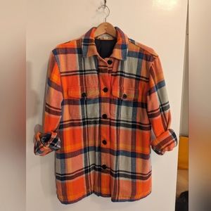 Outerknown Blanket Shirt Jacket, orange and blue plaid, size S